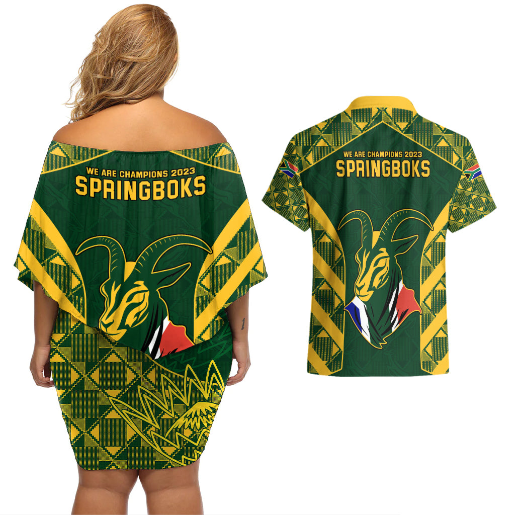 South Africa Rugby Couples Matching Off Shoulder Short Dress and Hawaiian Shirt Bokke Champions Kente Pattern LT9 - Wonder Print Shop