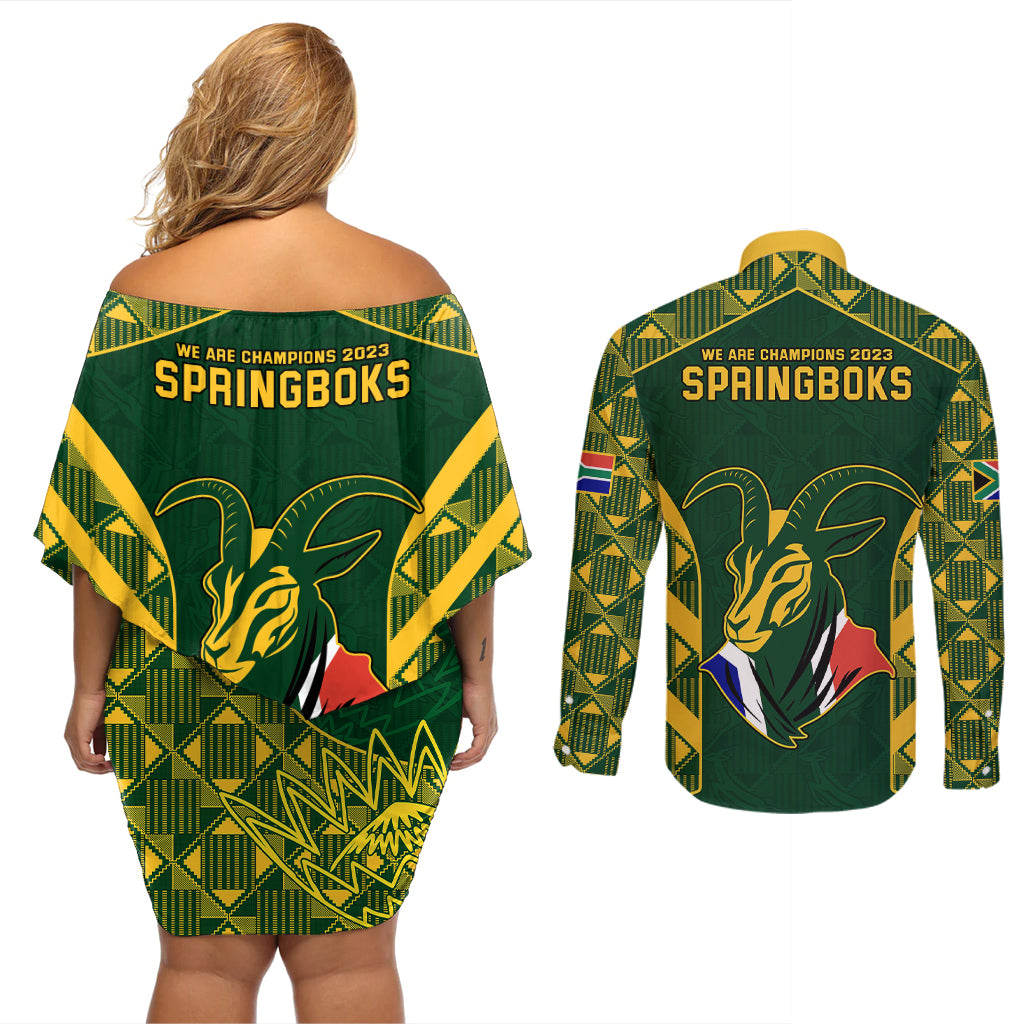 South Africa Rugby Couples Matching Off Shoulder Short Dress and Long Sleeve Button Shirts Bokke Champions Kente Pattern LT9 - Wonder Print Shop