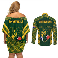 South Africa Rugby Couples Matching Off Shoulder Short Dress and Long Sleeve Button Shirts Bokke Champions Kente Pattern LT9 - Wonder Print Shop