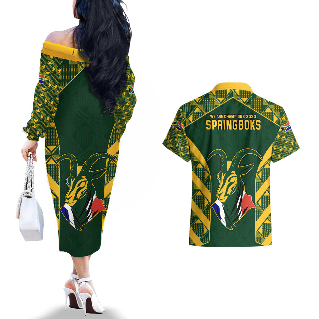 South Africa Rugby Couples Matching Off The Shoulder Long Sleeve Dress and Hawaiian Shirt Bokke Champions Kente Pattern LT9 - Wonder Print Shop