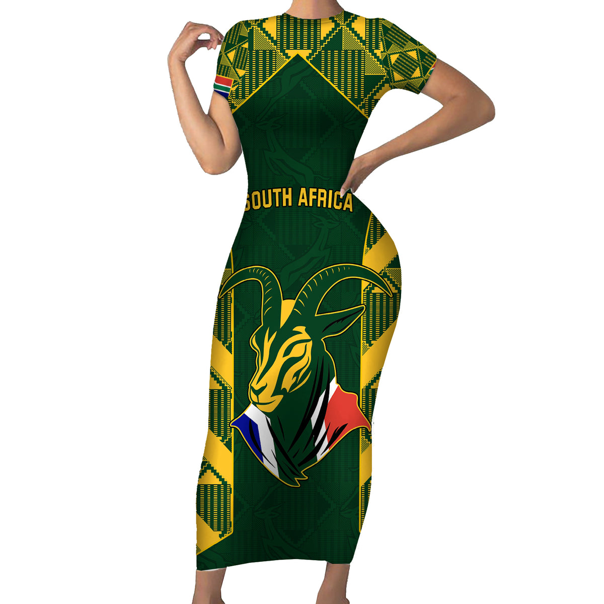 South Africa Rugby Short Sleeve Bodycon Dress Bokke Champions Kente Pattern - Wonder Print Shop