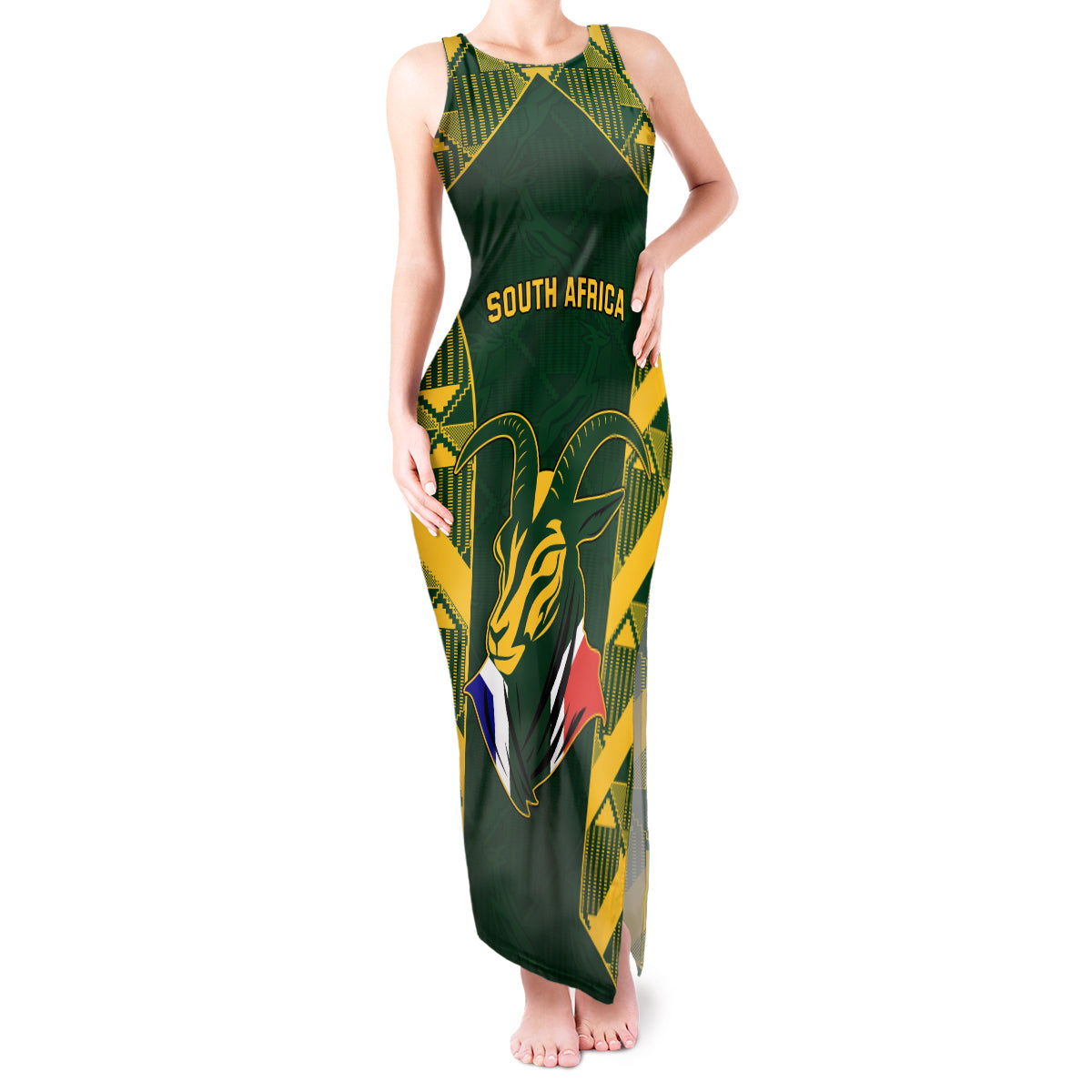 South Africa Rugby Tank Maxi Dress Bokke Champions Kente Pattern - Wonder Print Shop