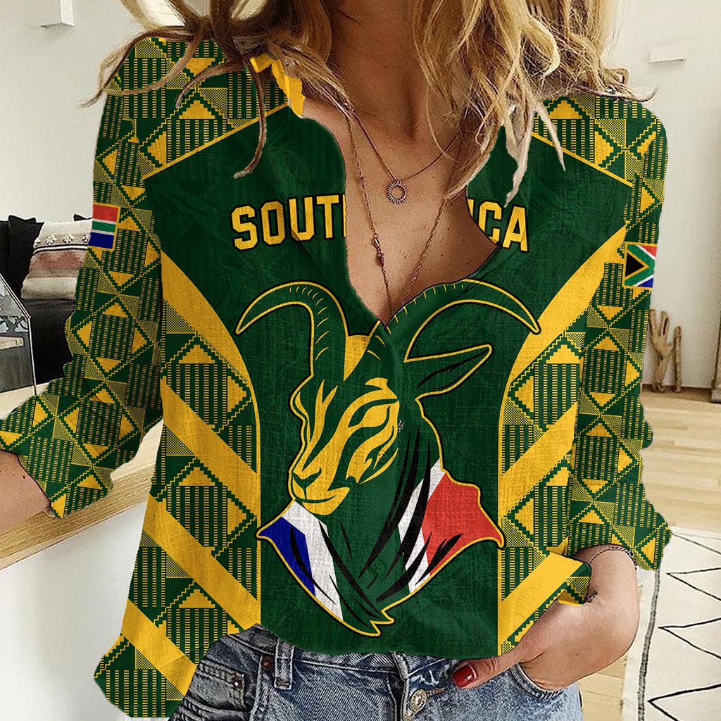 South Africa Rugby Women Casual Shirt Bokke Champions Kente Pattern - Wonder Print Shop