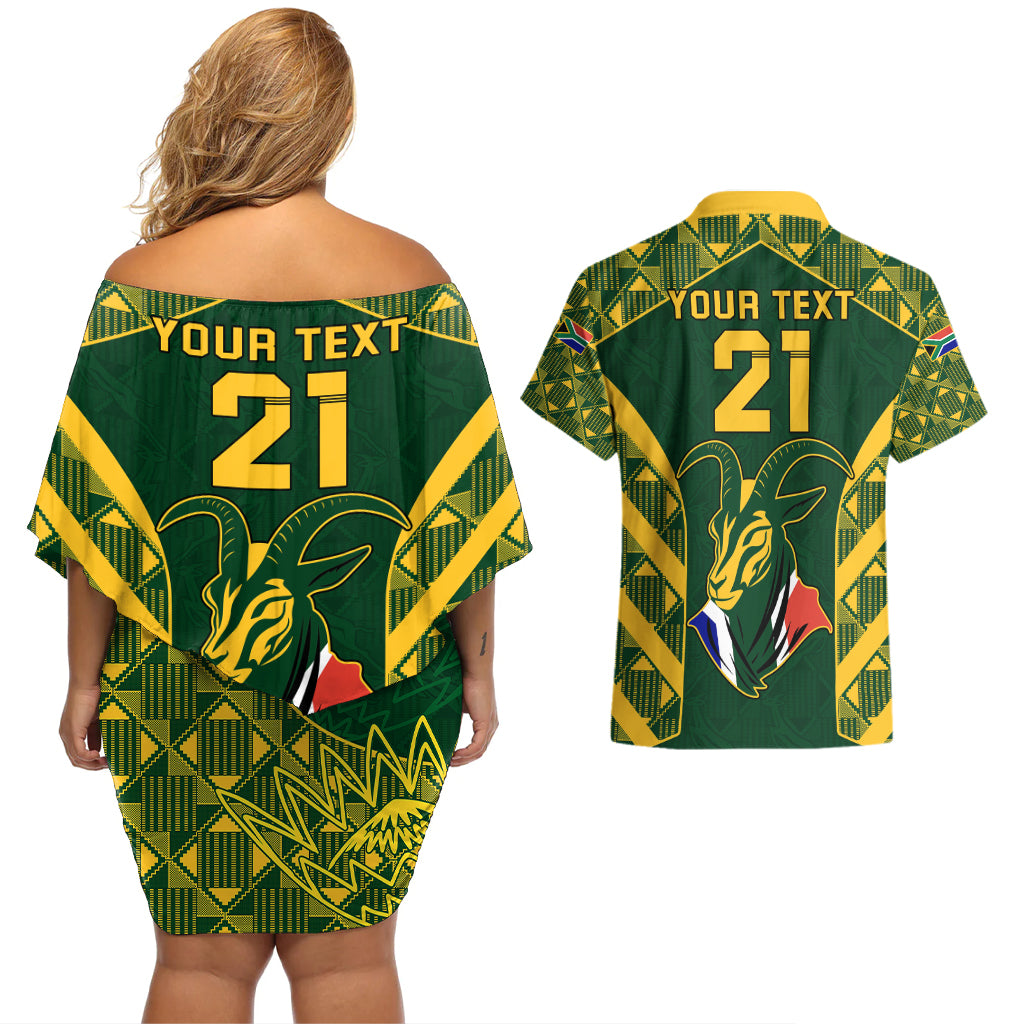Custom South Africa Rugby Couples Matching Off Shoulder Short Dress and Hawaiian Shirt Bokke Champions Kente Pattern LT9 - Wonder Print Shop