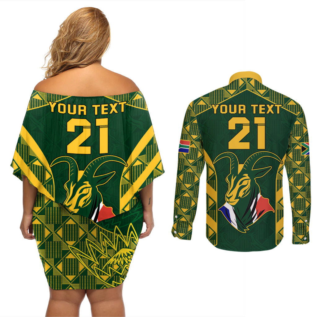 Custom South Africa Rugby Couples Matching Off Shoulder Short Dress and Long Sleeve Button Shirts Bokke Champions Kente Pattern LT9 - Wonder Print Shop