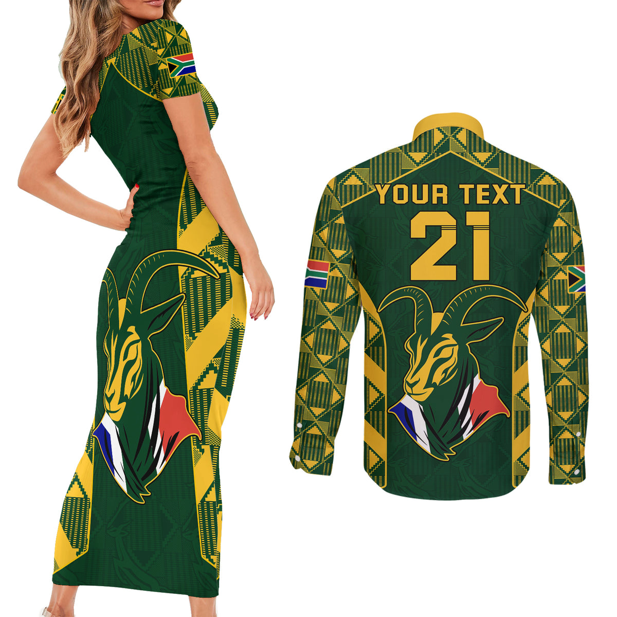 Custom South Africa Rugby Couples Matching Short Sleeve Bodycon Dress and Long Sleeve Button Shirts Bokke Champions Kente Pattern LT9 - Wonder Print Shop