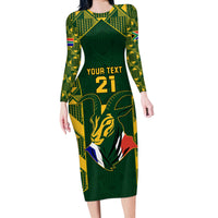 Custom South Africa Rugby Long Sleeve Bodycon Dress Bokke Champions Kente Pattern - Wonder Print Shop