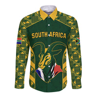 Custom South Africa Rugby Long Sleeve Button Shirt Bokke Champions Kente Pattern - Wonder Print Shop
