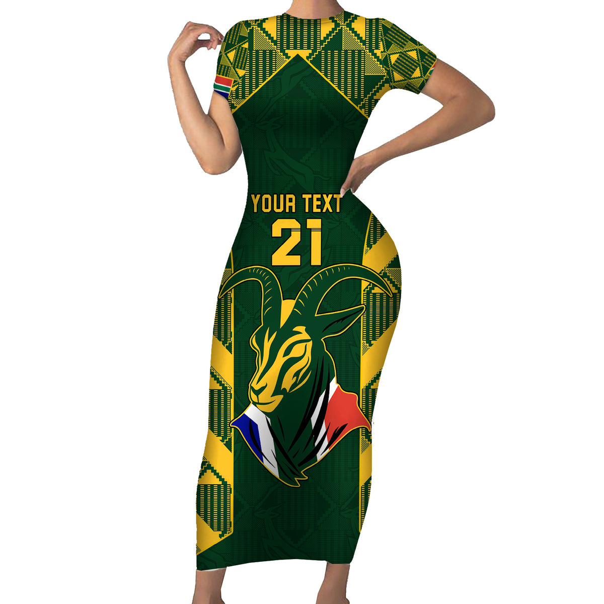 Custom South Africa Rugby Short Sleeve Bodycon Dress Bokke Champions Kente Pattern - Wonder Print Shop