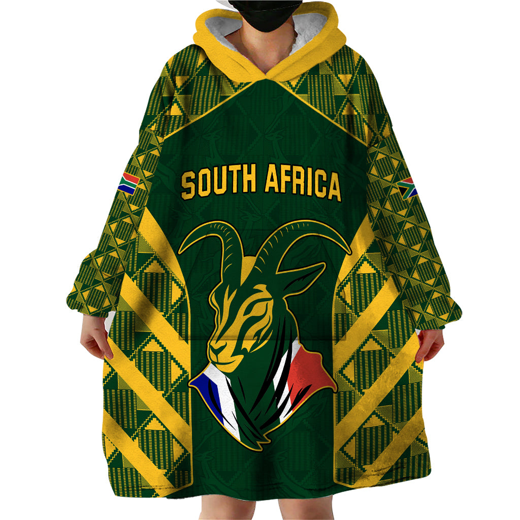 Custom South Africa Rugby Wearable Blanket Hoodie Bokke Champions Kente Pattern - Wonder Print Shop