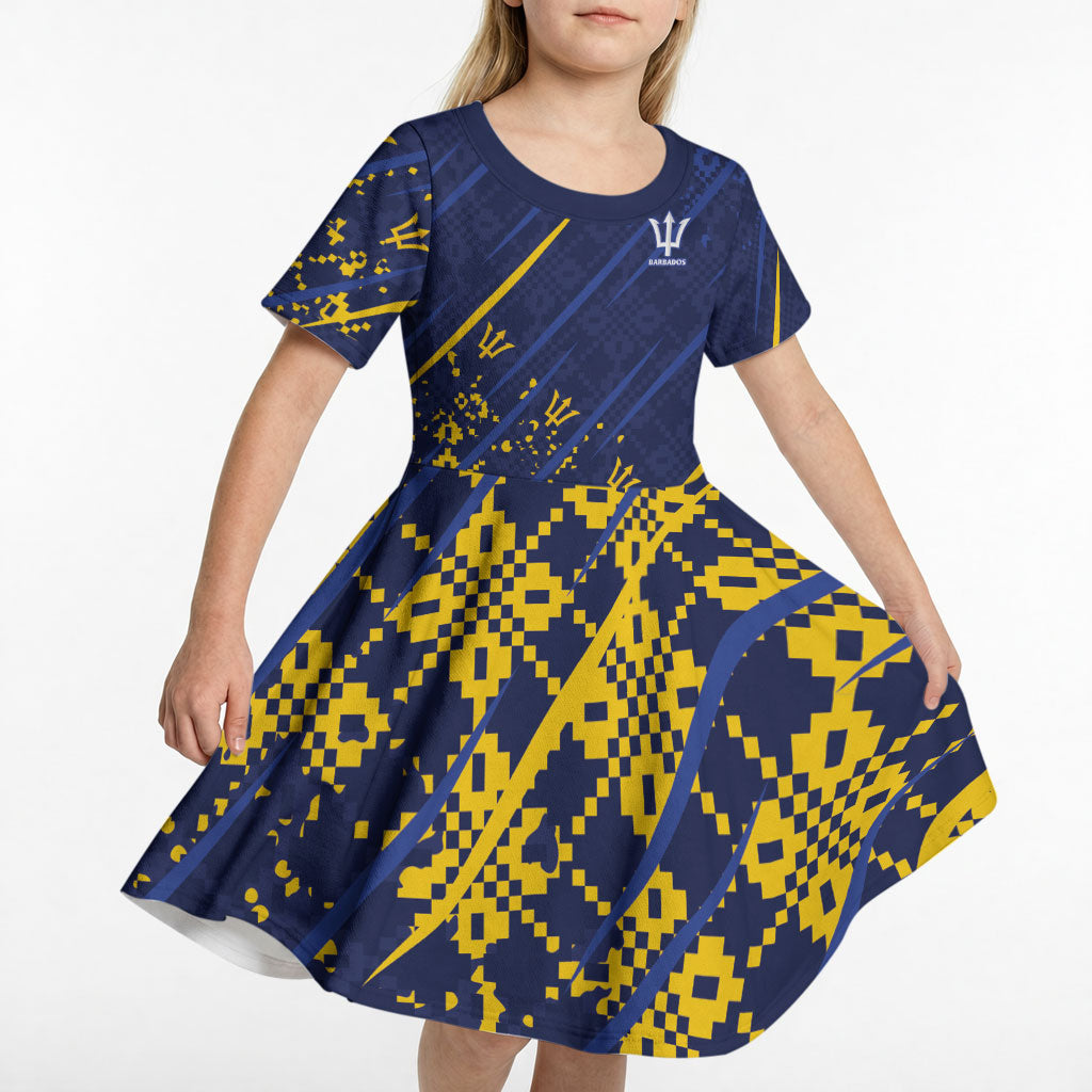Caribbean Cricket Custom Barbados Kid Short Sleeve Dress Blue Bajan Broken Trident