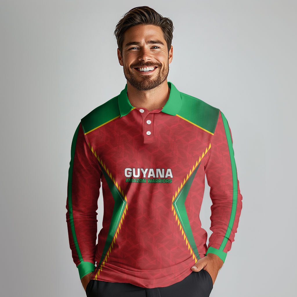Caribbean Cricket Custom Guyana Long Sleeve Polo Shirt Warriors Rise Amazonian Geometry Motif