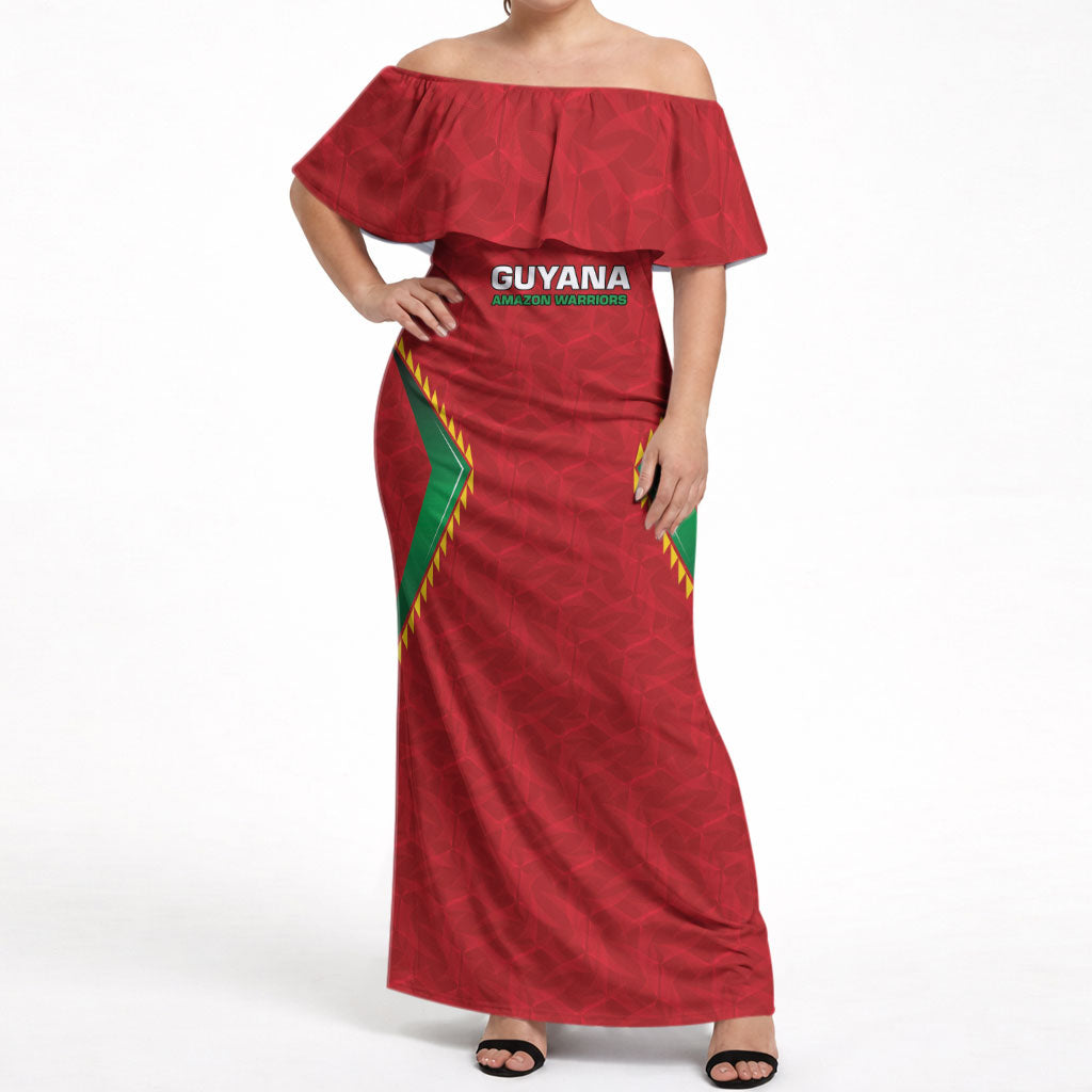 Caribbean Cricket Custom Guyana Off Shoulder Maxi Dress Warriors Rise Amazonian Geometry Motif