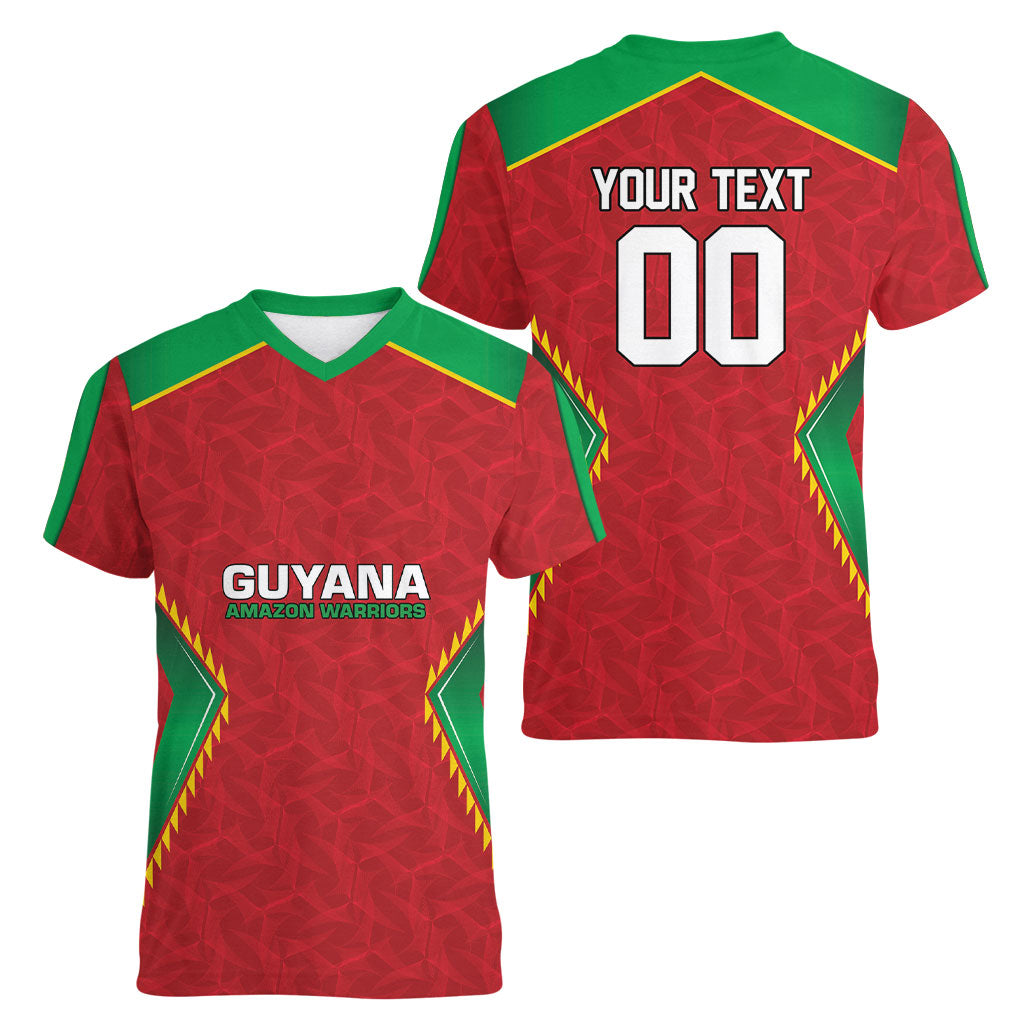 Caribbean Cricket Custom Guyana Women V-Neck T-Shirt Warriors Rise Amazonian Geometry Motif