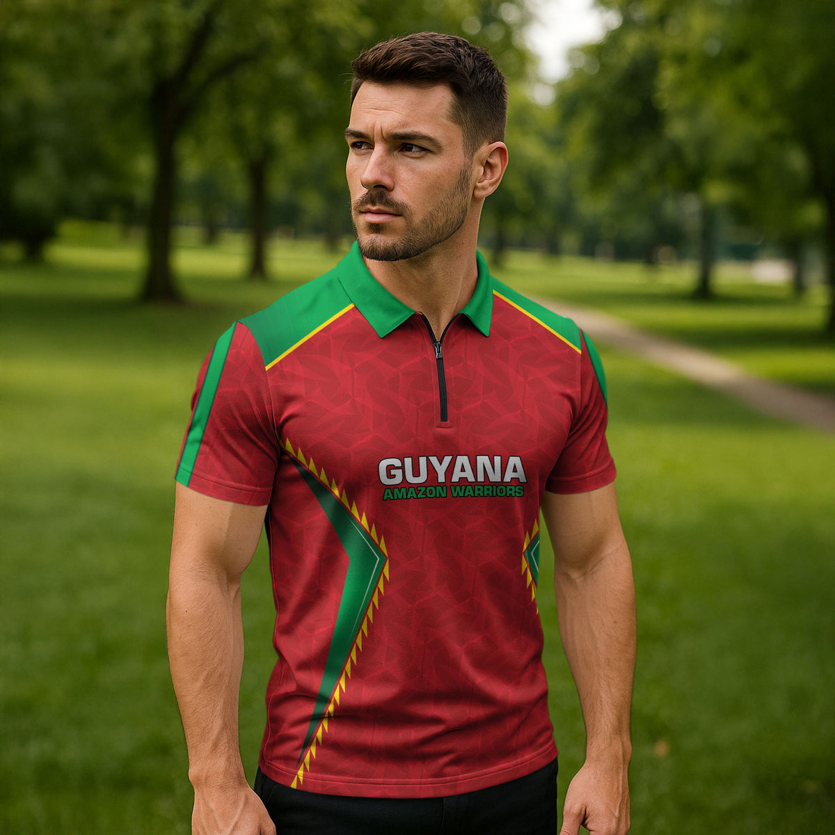Caribbean Cricket Custom Guyana Zipper Polo Shirt Warriors Rise Amazonian Geometry Motif