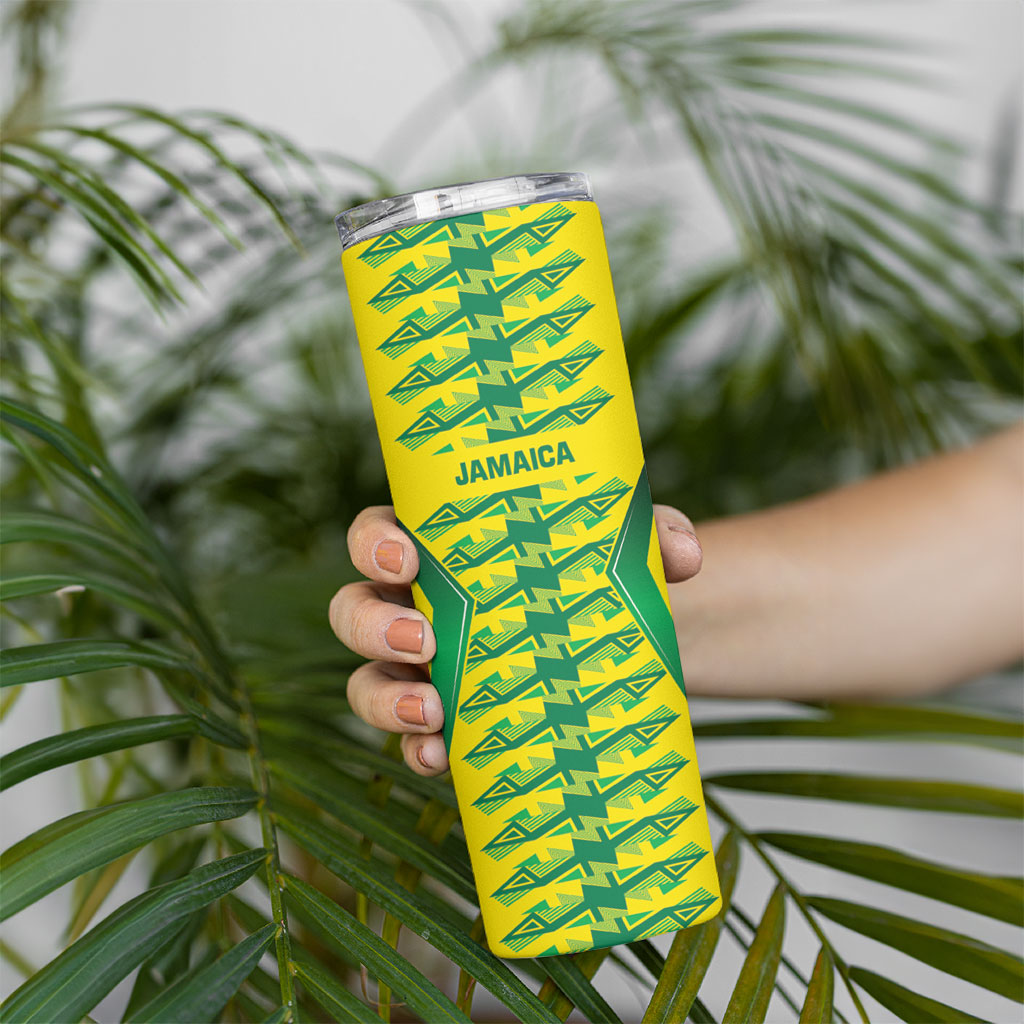 Caribbean Cricket Custom Jamaica Skinny Tumbler Stand Tall Together Akan Inspired Geometric Motif