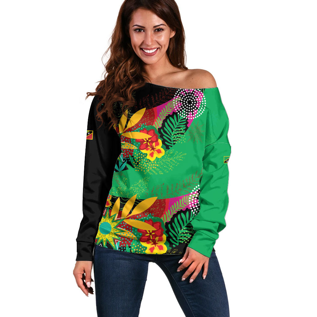 Caribbean Cricket Custom St Kitts and Nevis Off Shoulder Sweater Patriots Roar Louder Island's Flora Inspired