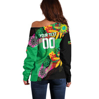 Caribbean Cricket Custom St Kitts and Nevis Off Shoulder Sweater Patriots Roar Louder Island's Flora Inspired