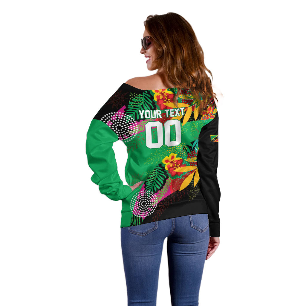 Caribbean Cricket Custom St Kitts and Nevis Off Shoulder Sweater Patriots Roar Louder Island's Flora Inspired