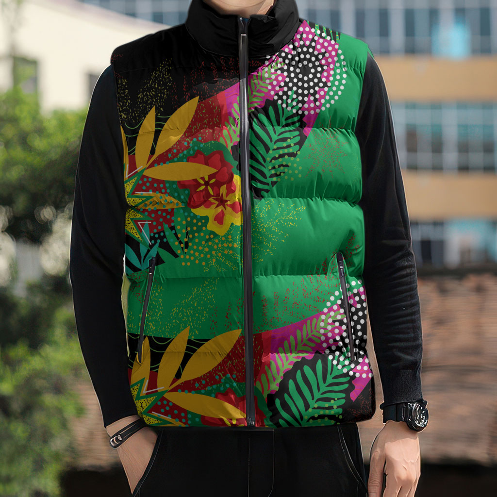 Caribbean Cricket Custom St Kitts and Nevis Sleeveless Puffer Jacket Patriots Roar Louder Island's Flora Inspired