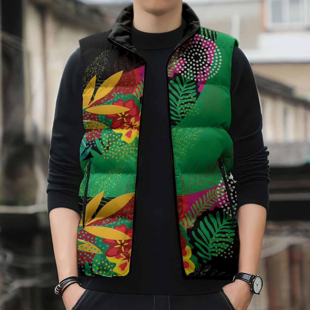Caribbean Cricket Custom St Kitts and Nevis Sleeveless Puffer Jacket Patriots Roar Louder Island's Flora Inspired