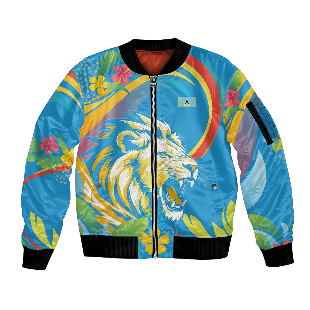 Caribbean Cricket Custom Saint Lucia Sleeve Zip Bomber Jacket Kite'y Enspiwe'w Hibiscus Flowers Edition