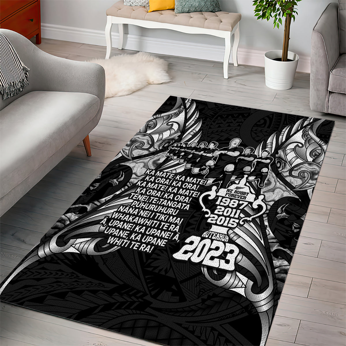 New Zealand Rugby Area Rug Black Haka Dance With NZ Champions History LT9 - Wonder Print Shop