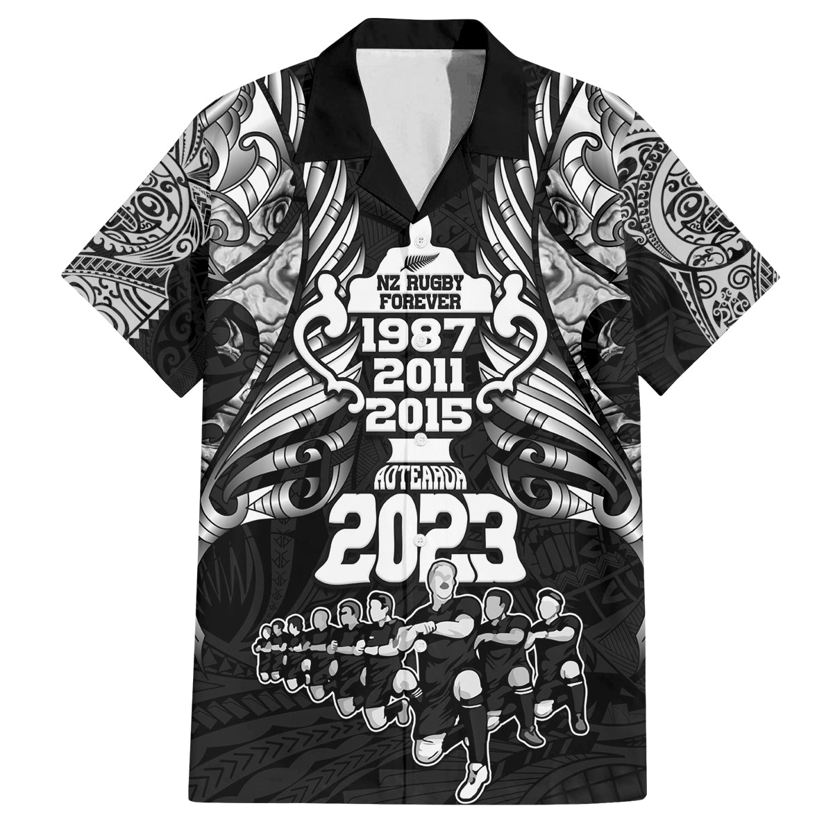New Zealand Rugby Family Matching Off Shoulder Short Dress and Hawaiian Shirt Black Haka Dance With NZ Champions History LT9 - Wonder Print Shop