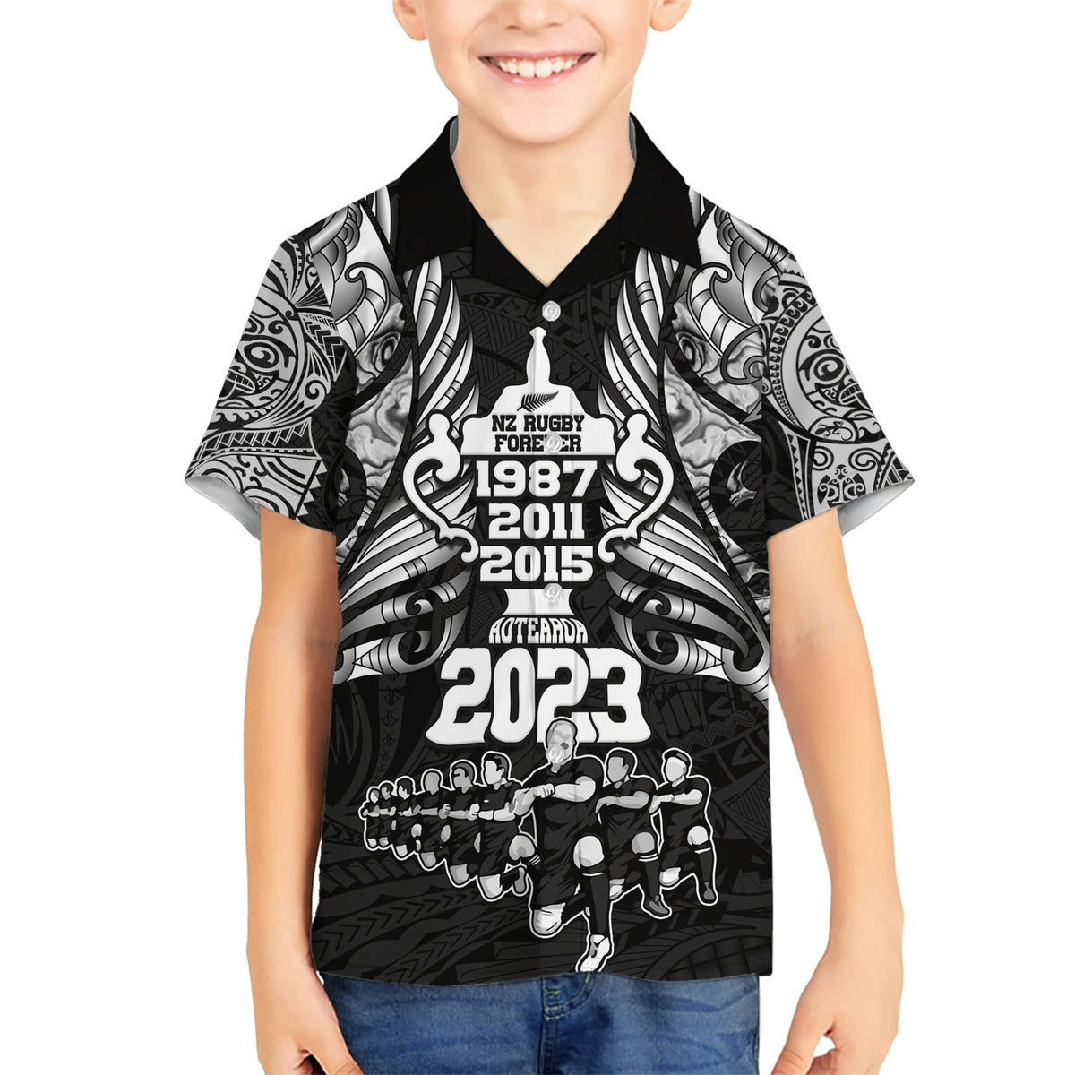 New Zealand Rugby Family Matching Short Sleeve Bodycon Dress and Hawaiian Shirt Black Haka Dance With NZ Champions History - Wonder Print Shop