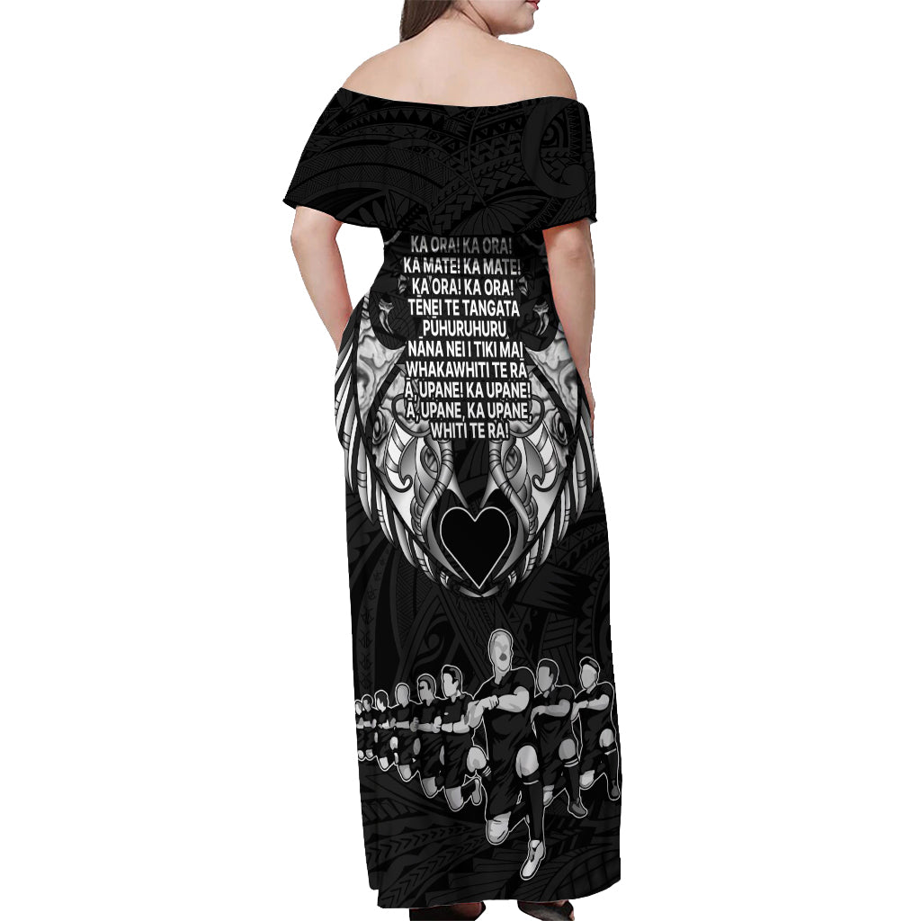 New Zealand Rugby Off Shoulder Maxi Dress Black Haka Dance With NZ Champions History - Wonder Print Shop