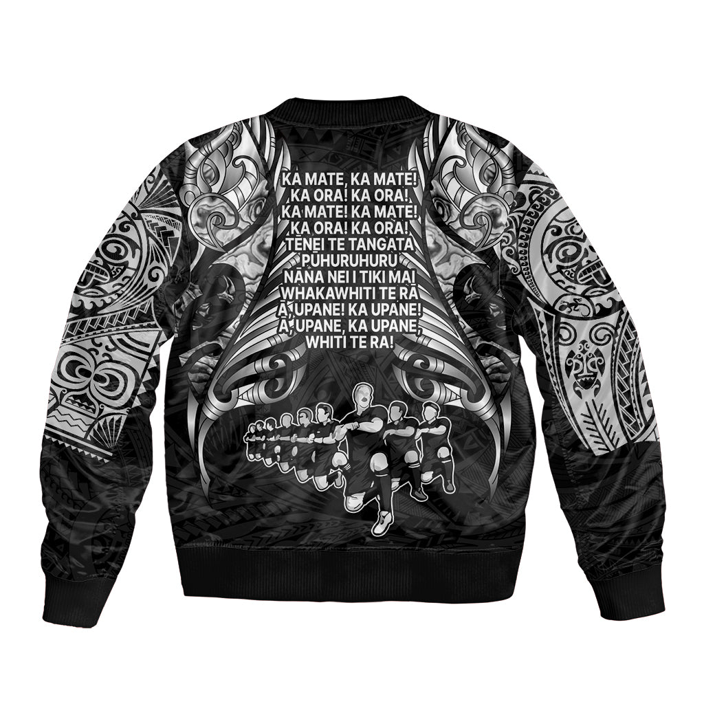 New Zealand Rugby Sleeve Zip Bomber Jacket Black Haka Dance With NZ Champions History - Wonder Print Shop