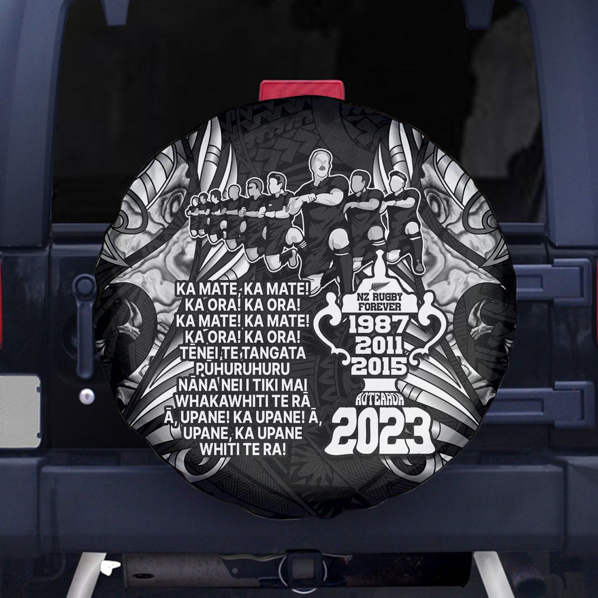 New Zealand Rugby Spare Tire Cover Black Haka Dance With NZ Champions History - Wonder Print Shop