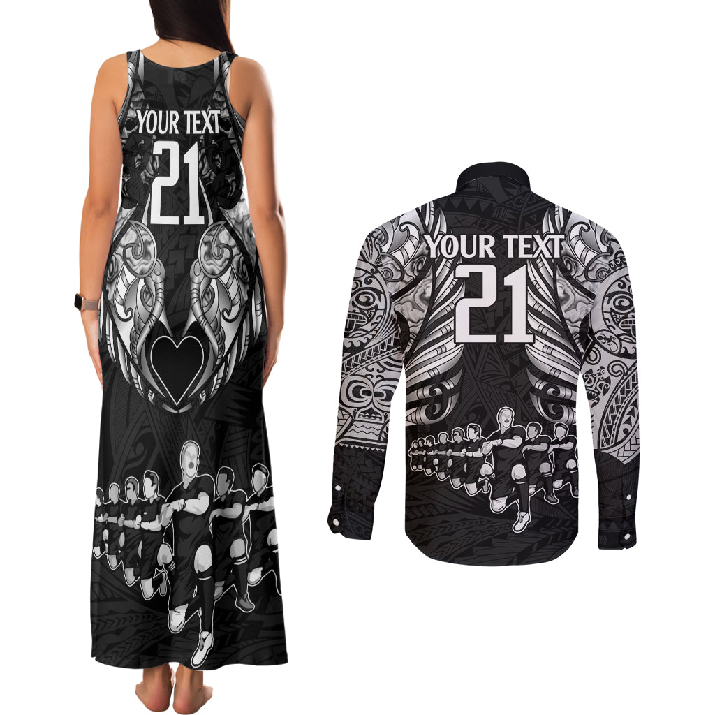 Custom New Zealand Rugby Couples Matching Tank Maxi Dress and Long Sleeve Button Shirt Black Haka Dance With NZ Champions History LT9 - Wonder Print Shop