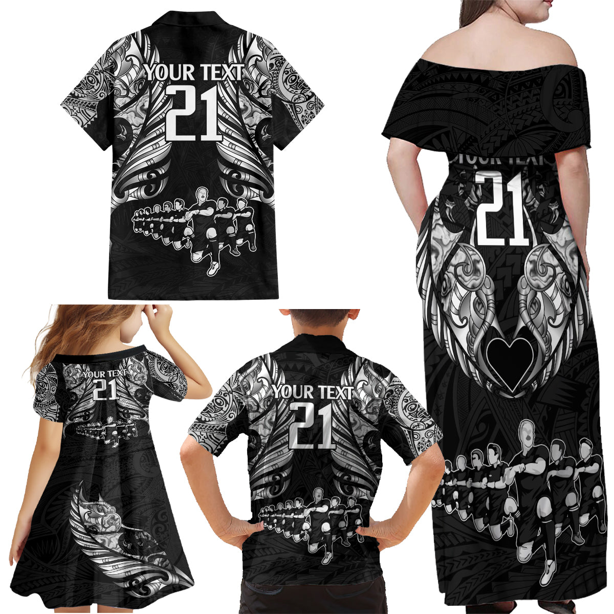 Custom New Zealand Rugby Family Matching Off Shoulder Maxi Dress and Hawaiian Shirt Black Haka Dance With NZ Champions History LT9 - Wonder Print Shop