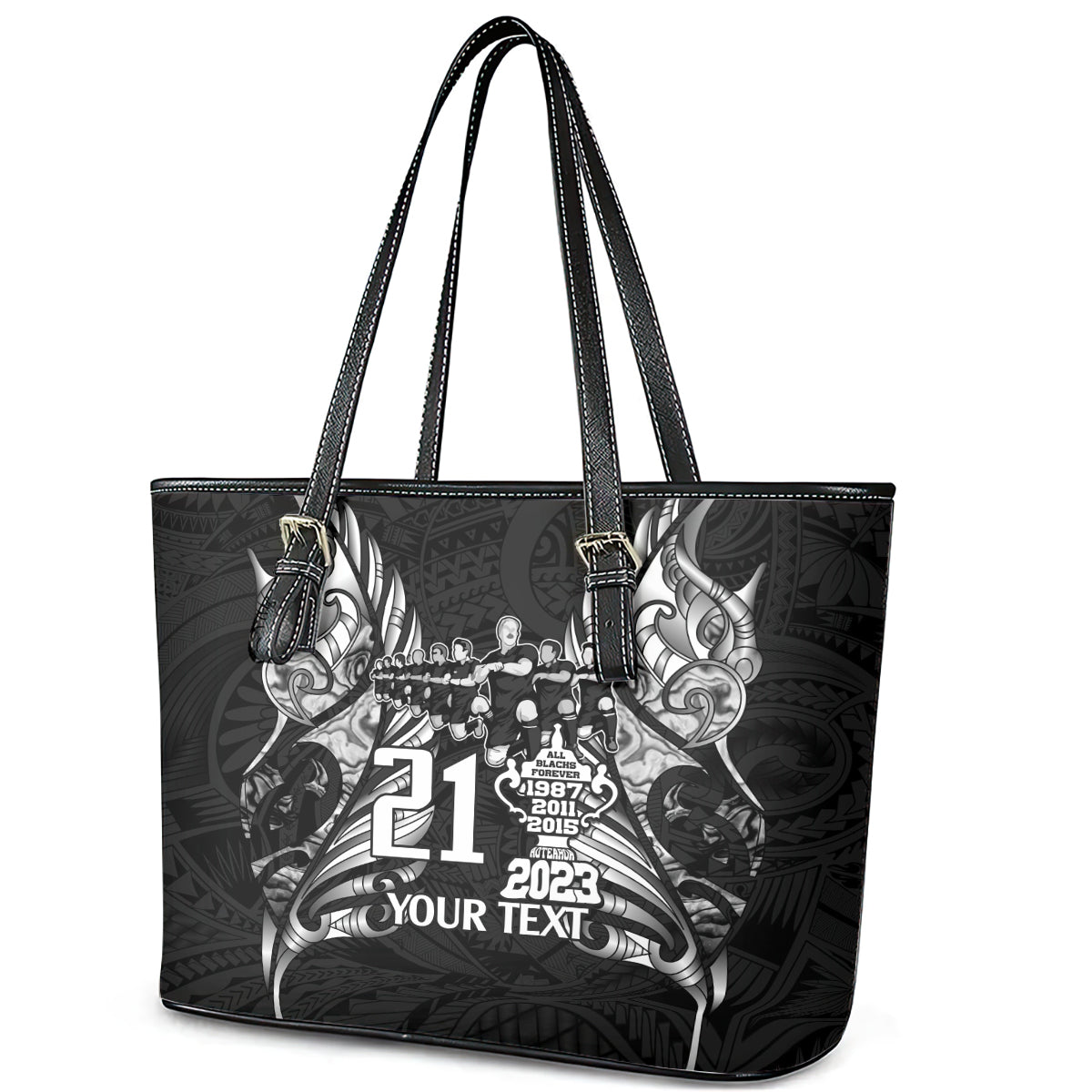 Custom New Zealand Rugby Leather Tote Bag Black Haka Dance With NZ Champions History - Wonder Print Shop