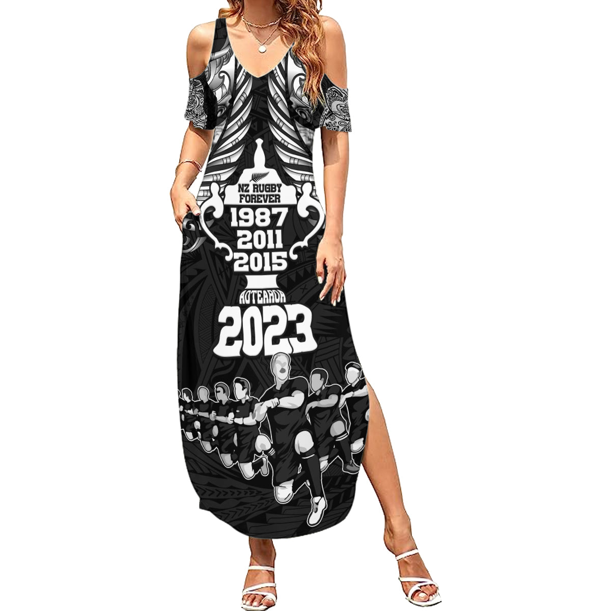 Custom New Zealand Rugby Summer Maxi Dress Black Haka Dance With NZ Champions History - Wonder Print Shop