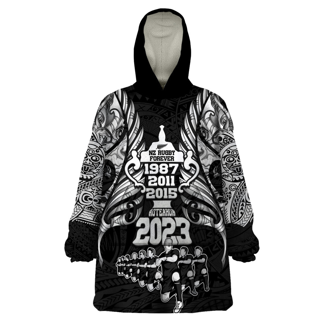 Custom New Zealand Rugby Wearable Blanket Hoodie Black Haka Dance With NZ Champions History - Wonder Print Shop