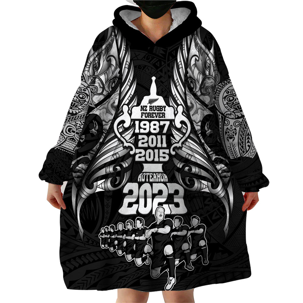 Custom New Zealand Rugby Wearable Blanket Hoodie Black Haka Dance With NZ Champions History - Wonder Print Shop