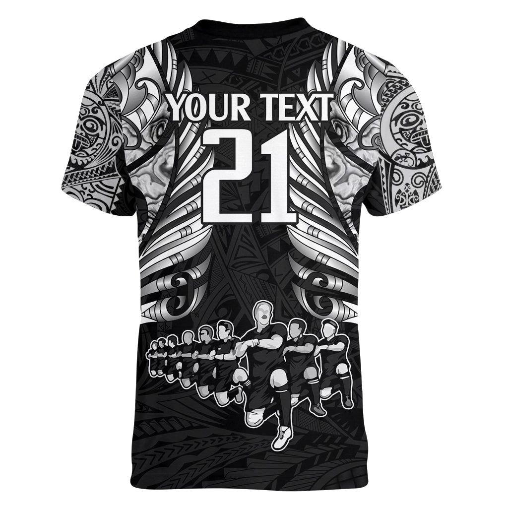 Custom New Zealand Rugby Women V Neck T Shirt Black Haka Dance With NZ Champions History - Wonder Print Shop