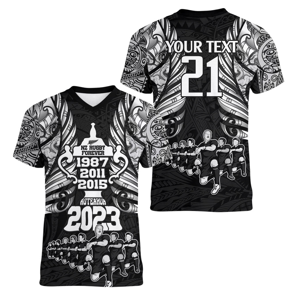 Custom New Zealand Rugby Women V Neck T Shirt Black Haka Dance With NZ Champions History - Wonder Print Shop