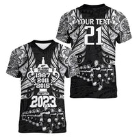 Custom New Zealand Rugby Women V Neck T Shirt Black Haka Dance With NZ Champions History - Wonder Print Shop