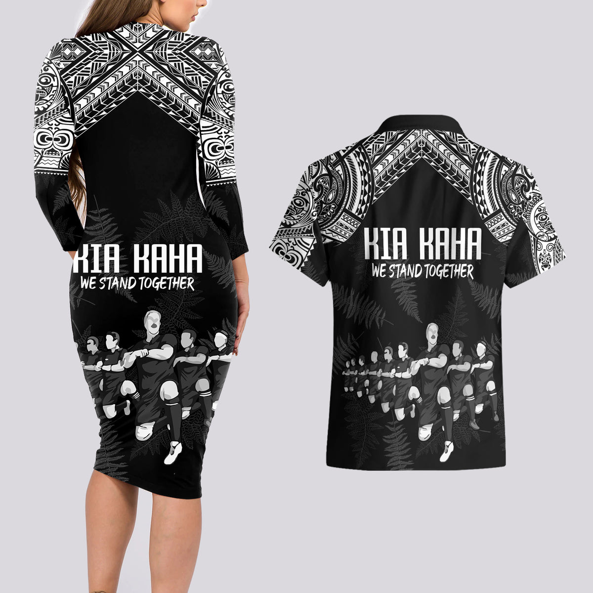NZ Rugby Couples Matching Long Sleeve Bodycon Dress and Hawaiian Shirt Kapa Opango Maori Haka With Years of The All Black Champions LT9 - Wonder Print Shop