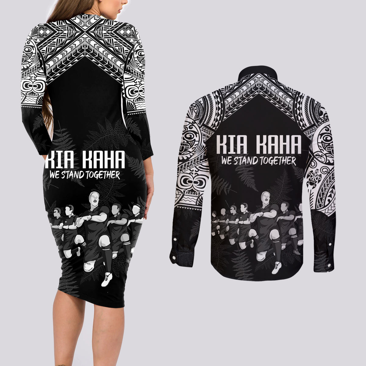 NZ Rugby Couples Matching Long Sleeve Bodycon Dress and Long Sleeve Button Shirt Kapa Opango Maori Haka With Years of The All Black Champions LT9 - Wonder Print Shop
