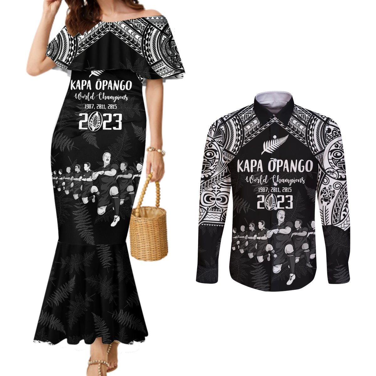nz-rugby-couples-matching-mermaid-dress-and-long-sleeve-button-shirt-kapa-opango-maori-haka-with-years-of-the-all-black-champions