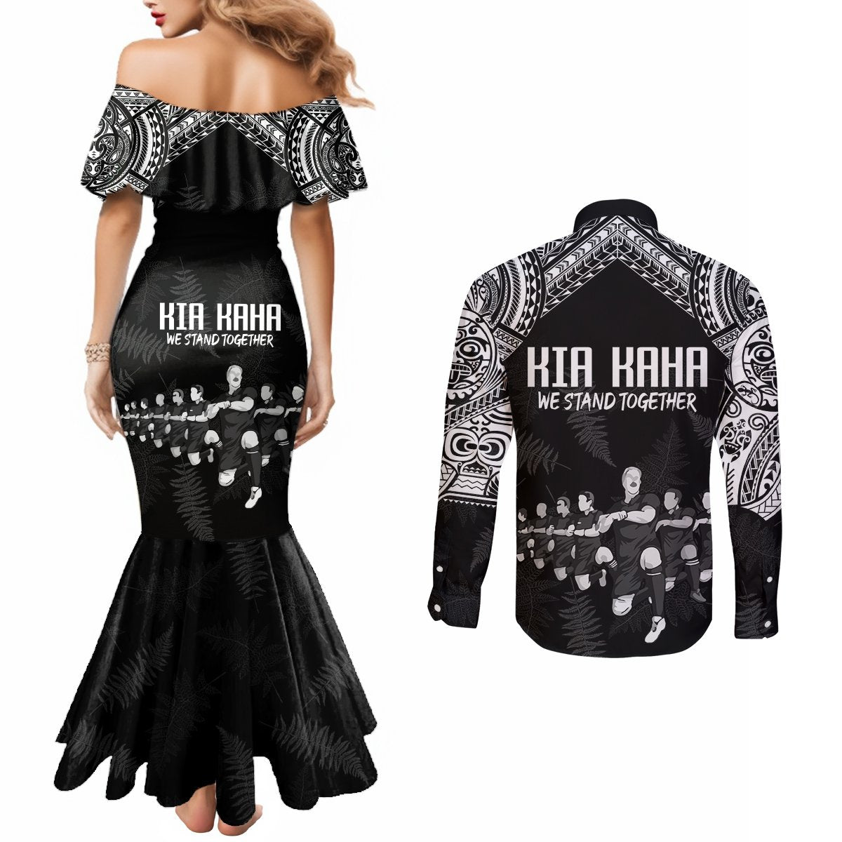 nz-rugby-couples-matching-mermaid-dress-and-long-sleeve-button-shirt-kapa-opango-maori-haka-with-years-of-the-all-black-champions