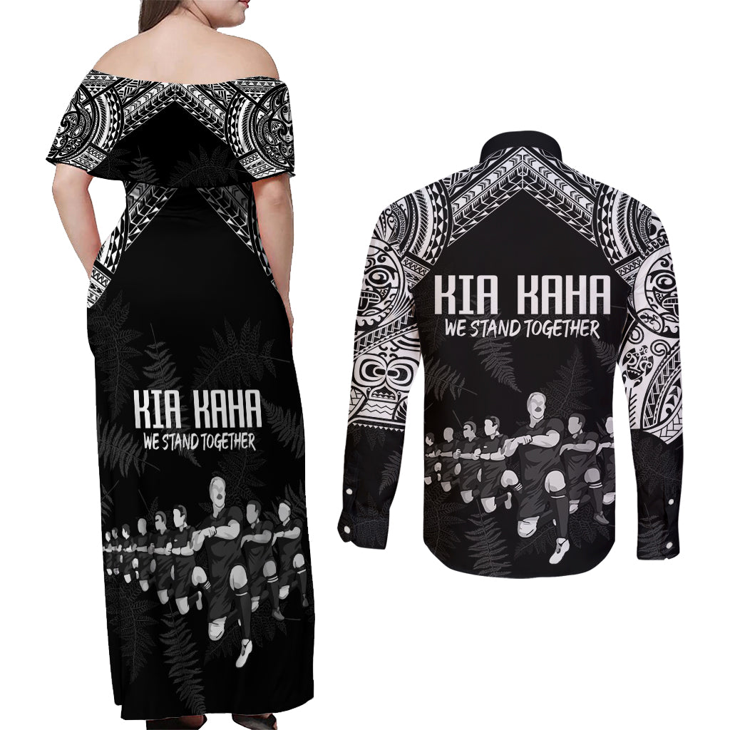 NZ Rugby Couples Matching Off Shoulder Maxi Dress and Long Sleeve Button Shirt Kapa Opango Maori Haka With Years of The All Black Champions LT9 - Wonder Print Shop