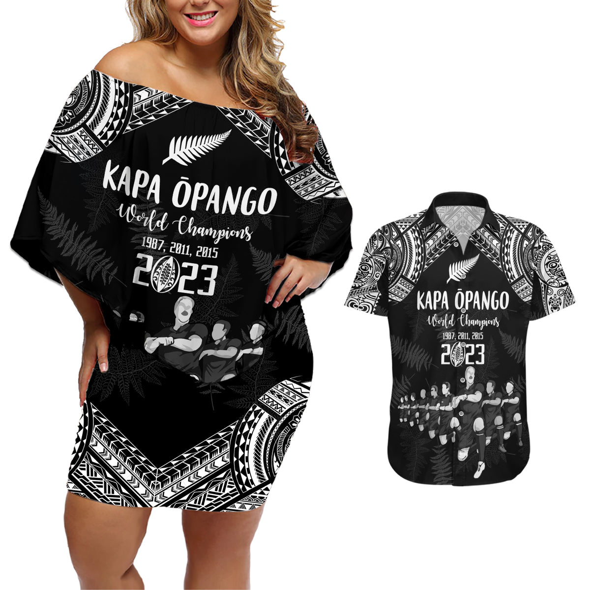 NZ Rugby Couples Matching Off Shoulder Short Dress and Hawaiian Shirt Kapa Opango Maori Haka With Years of The All Black Champions LT9 - Wonder Print Shop