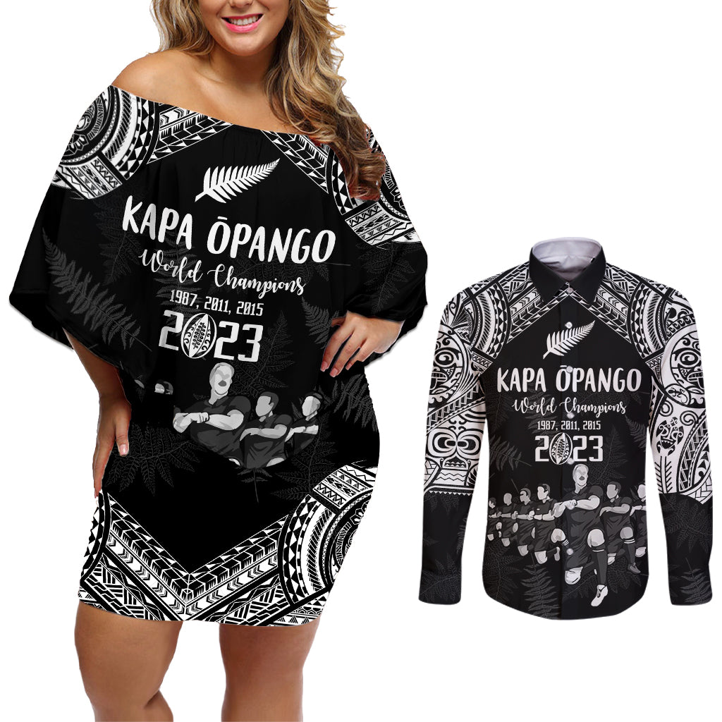 NZ Rugby Couples Matching Off Shoulder Short Dress and Long Sleeve Button Shirt Kapa Opango Maori Haka With Years of The All Black Champions LT9 - Wonder Print Shop