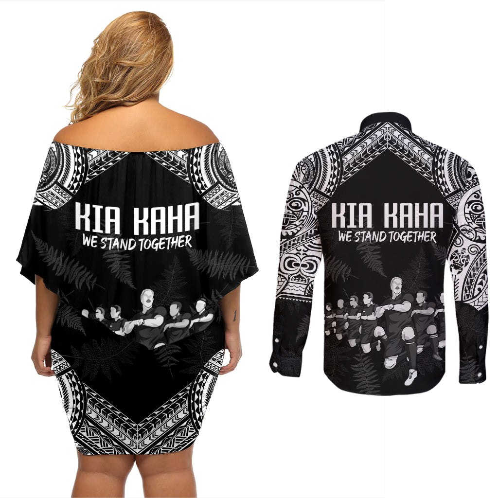 NZ Rugby Couples Matching Off Shoulder Short Dress and Long Sleeve Button Shirt Kapa Opango Maori Haka With Years of The All Black Champions LT9 - Wonder Print Shop