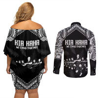 NZ Rugby Couples Matching Off Shoulder Short Dress and Long Sleeve Button Shirt Kapa Opango Maori Haka With Years of The All Black Champions LT9 - Wonder Print Shop